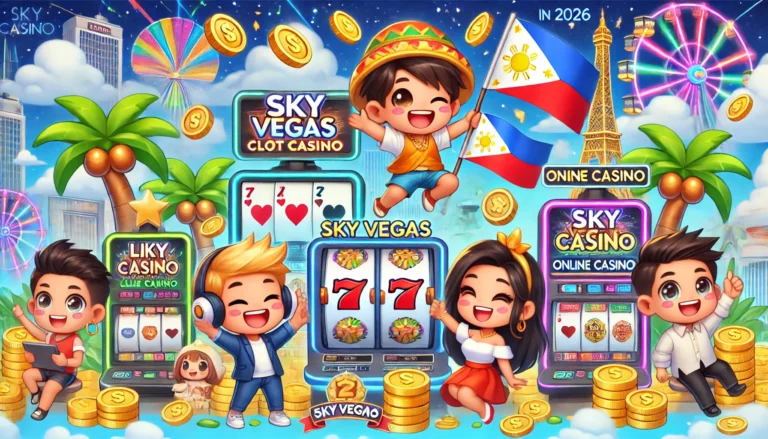 Isang Pilipinong manlalaro na nag-eenjoy sa Sky Vegas slot game gamit ang cellphone, may makukulay na reels at jackpot symbols sa screen.
